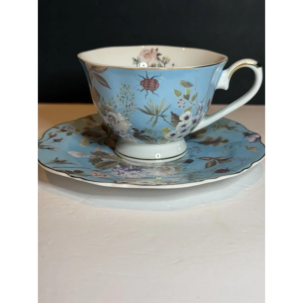 Grace Teaware Blue Floral Garden Oversized Teacup & Saucer Porcelain Gold Trim